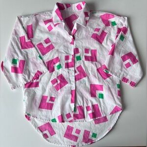 Vintage blouse short sleeves white with pink and green geometric patterns